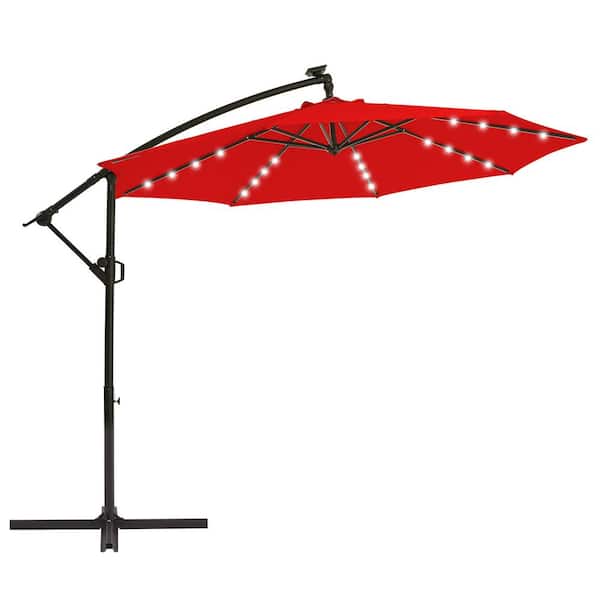 10 ft. Solar LED Patio Offset Umbrella Outdoor Cantilever Umbrella Red