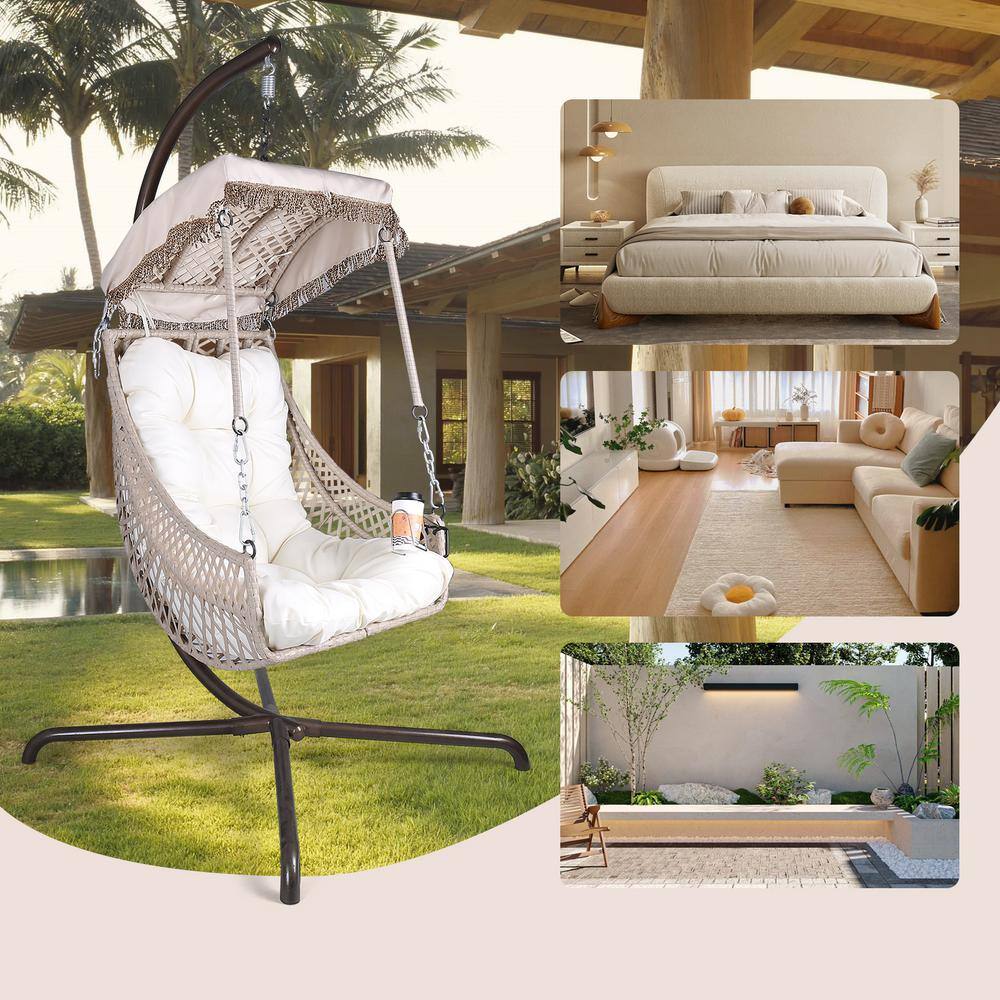 Beige Outdoor Egg Chair with White Cushions and Steel Frame