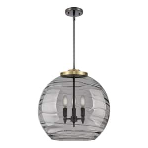 Athens Deco Swirl 180-Watt 3-Light Black Antique Brass Shaded Mini Pendant Light with Tinted Glass Shade