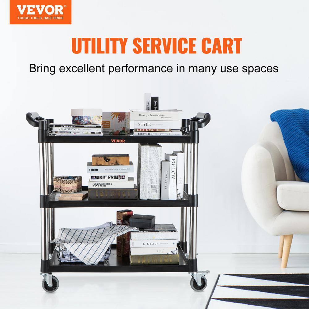 Black 3-Tier Utility Service Cart with Metal Wheels