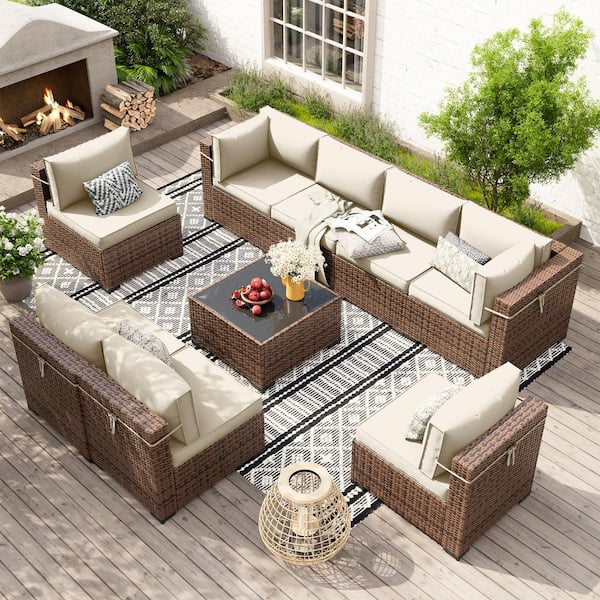 9-Piece Wicker Patio Sectional Conversation Sets With Coffee Table and Cream Cushions