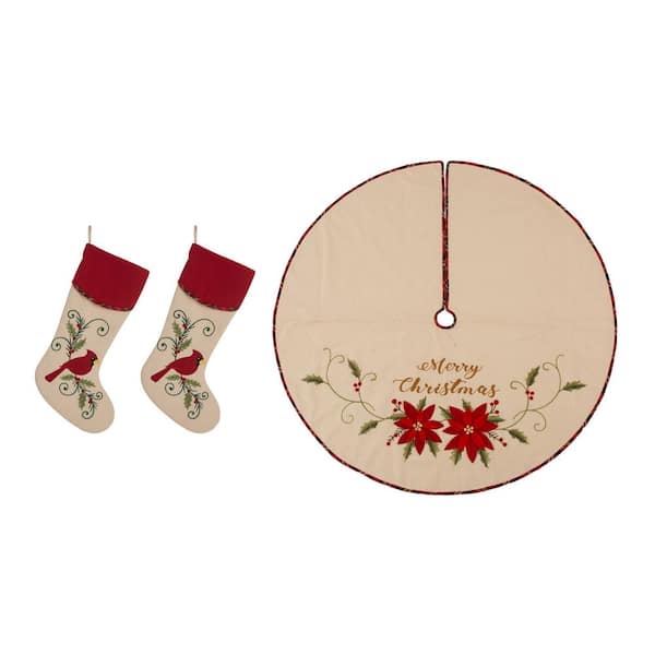 Glitzhome Set of 3 Fabric Christmas Decoration (48 in. Tree Skirt and 21 in. Stocking)