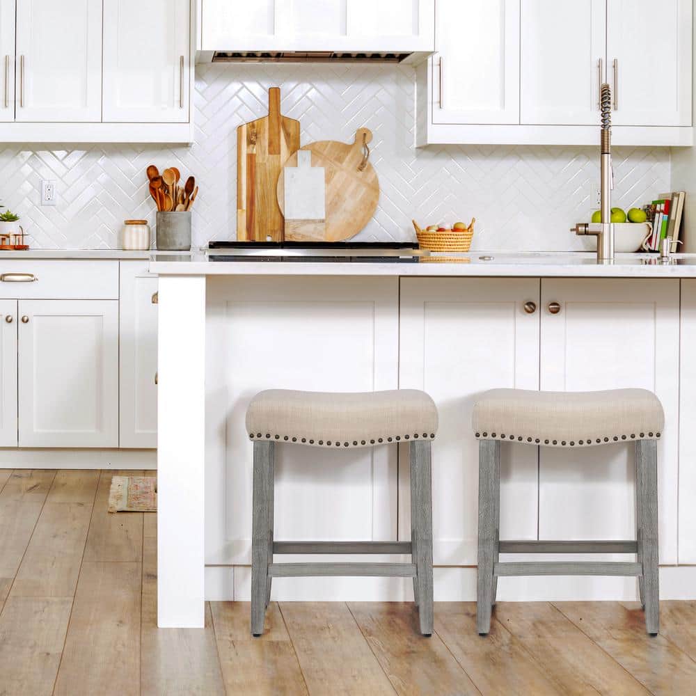 Beige 24" High Backless Saddle Wood Counter Stool