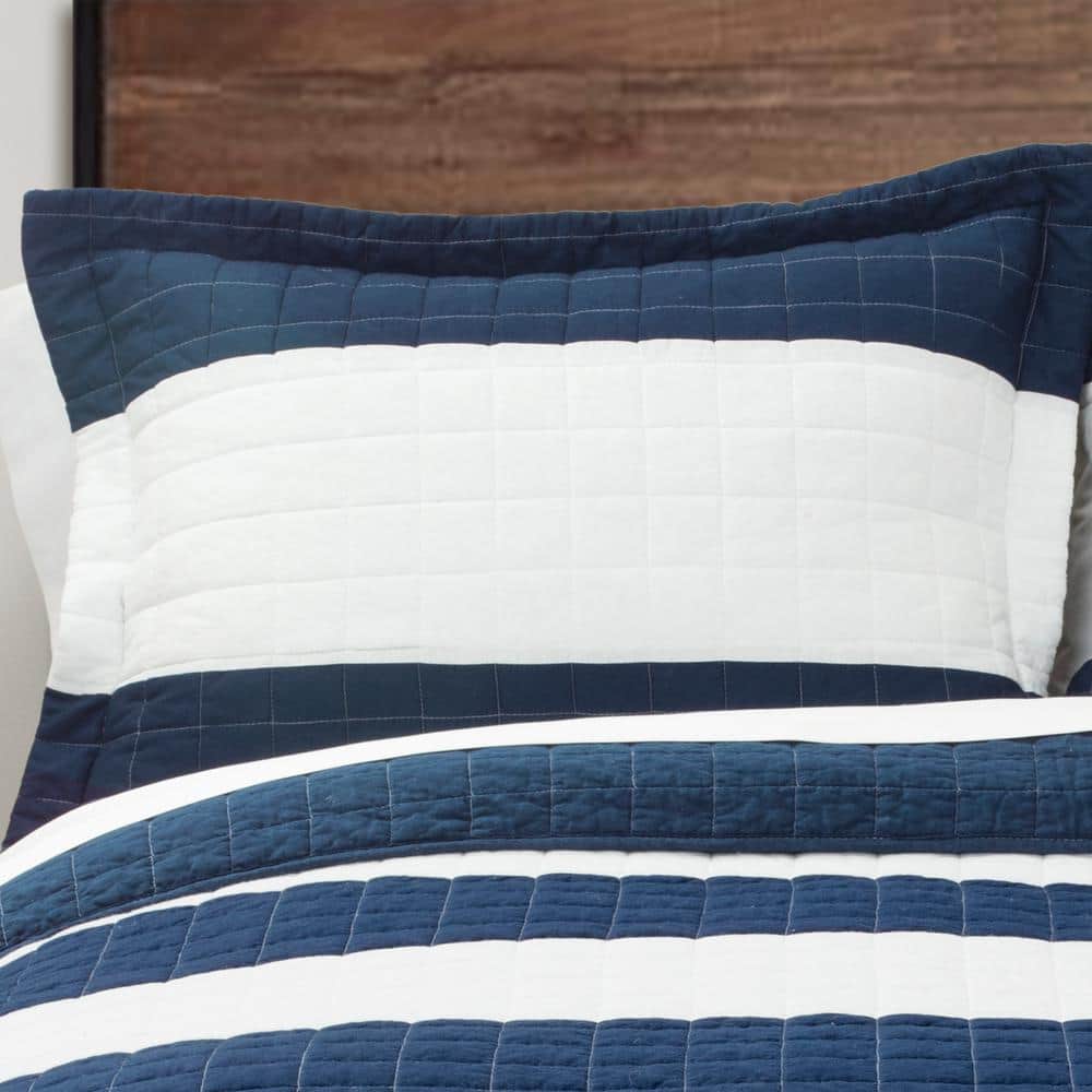 Twin White and Navy Cotton Quilt Set with Sham