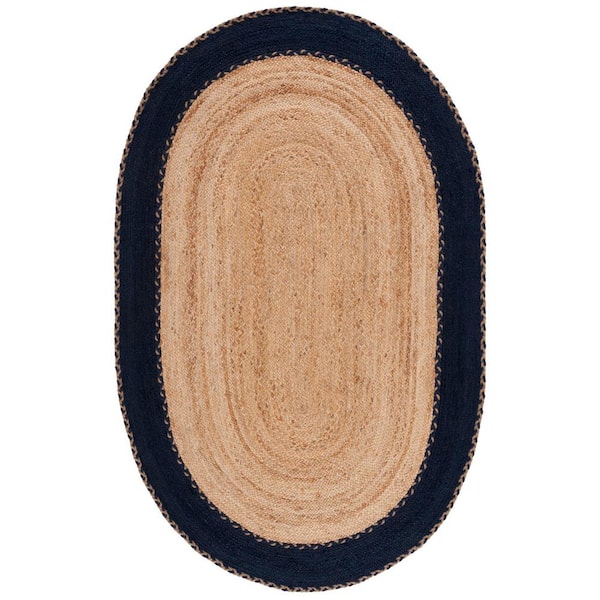 SAFAVIEH Natural Fiber Beige/Navy 6 ft. x 9 ft. Border Woven Oval Area Rug