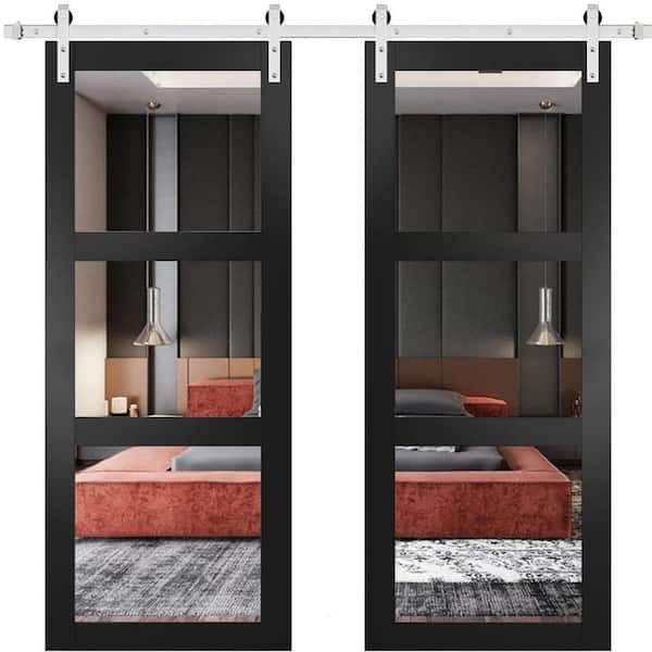 32 in. x 80 in. 2 Panel Clear Glass Black Matte Solid Wood Sliding Barn Door with Hardware Kit