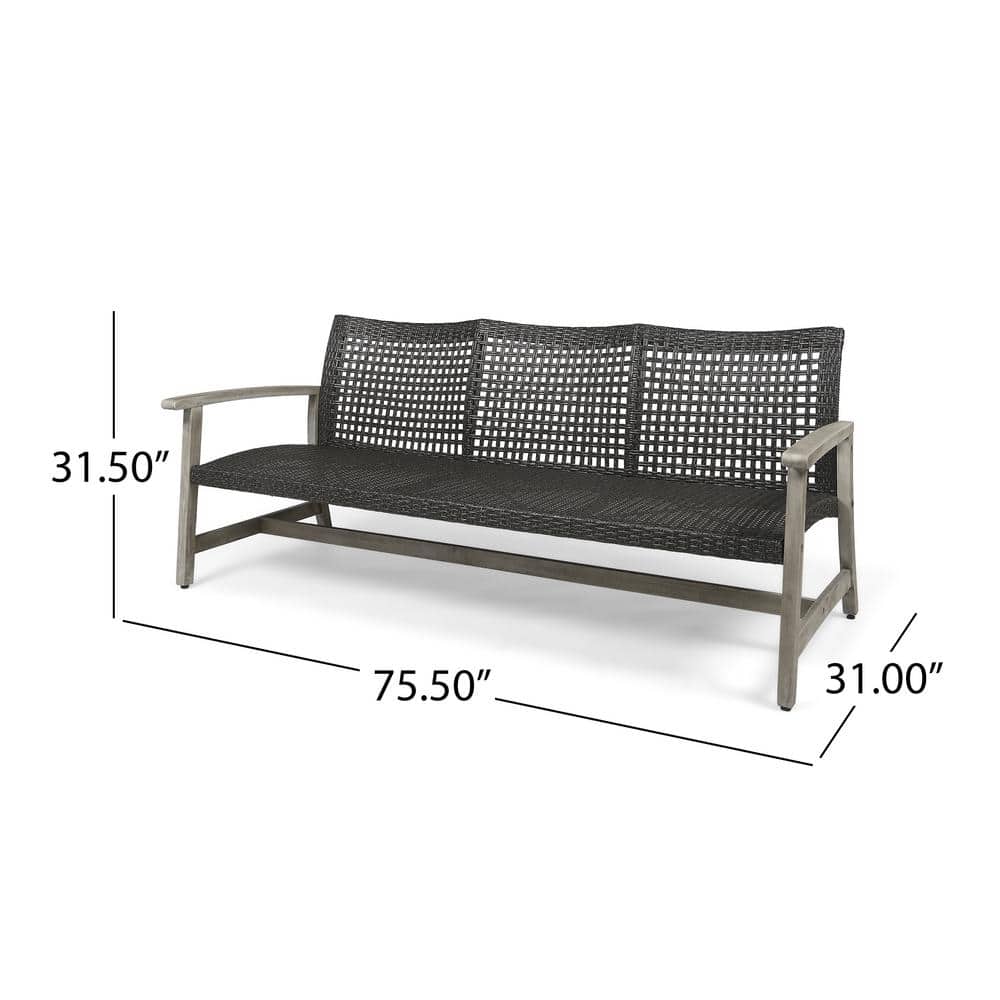 Marcia Light Gray Wood and Black Wicker Three-Seat Outdoor Sofa