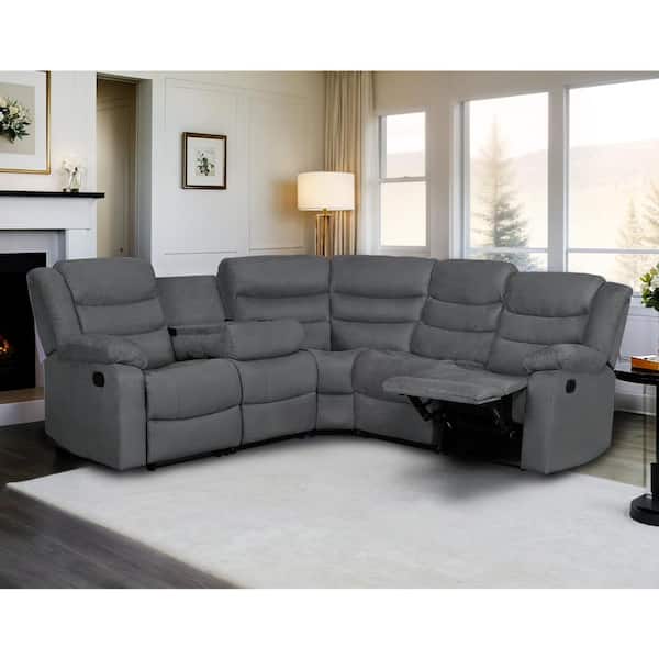 Luna 82 in. 5-Seater Fabric Manual Recliner Sectional Sofa with Drop-Down Table and Cup Holders in Gray