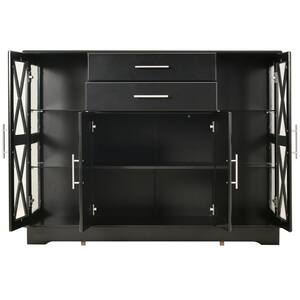 Black Storage Cabinet with Tempered Glass Large Storage Space Adjustable Shelves Buffet