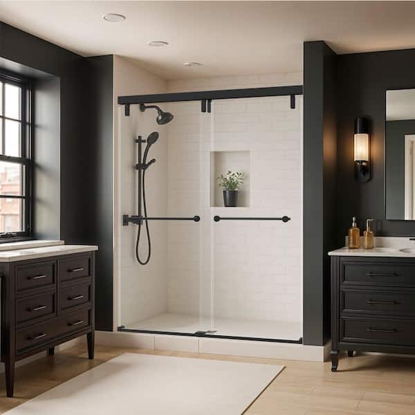 Lyndall Mod 50-1/8 to 58-1/2 in. W x 71-1/2 in. H Soft-Close Frameless Sliding Shower Door, Black, Clear Glass