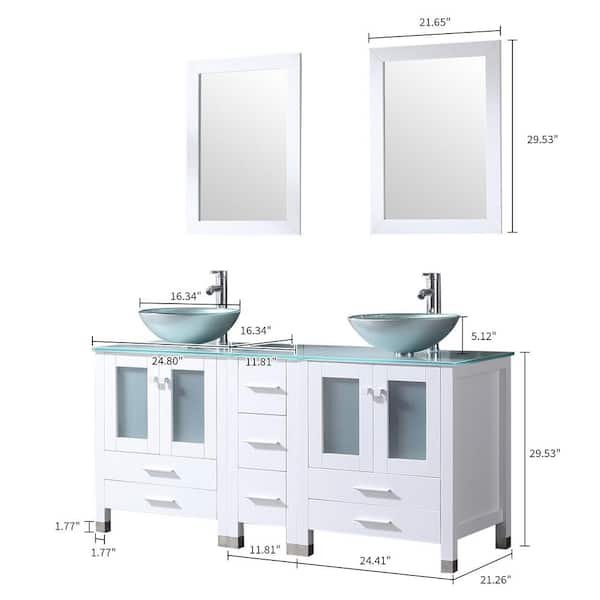 60.63 in. Double Foil Laminated Tempered Glass Green Sinks Freestanding White Bath Vanity with Green Tempered Glass Top