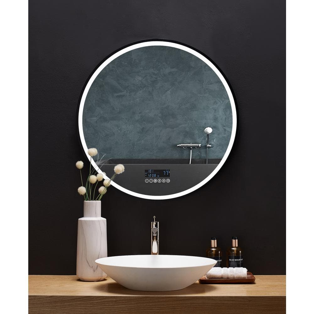 Round Black LED Bathroom Vanity Mirror with Bluetooth and Digital Display