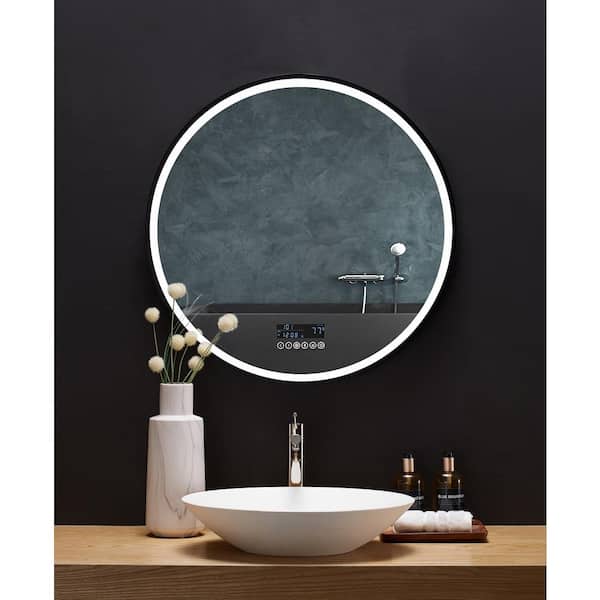 Ancerre Designs Cirque 30 in. W x 30 in. H Round LED Light Framed Anti-Fog and Bluetooth Wall Mounted Bathroom Vanity Mirror in Black