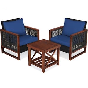 3-Pieces Outdoor Wicker Wooden Frame Patio Conversation Furniture Set with Navy Cushion