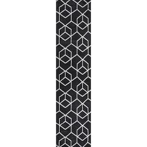 Tumbling Blocks Modern Geometric Black/White 2 ft. x 8 ft. Area Rug