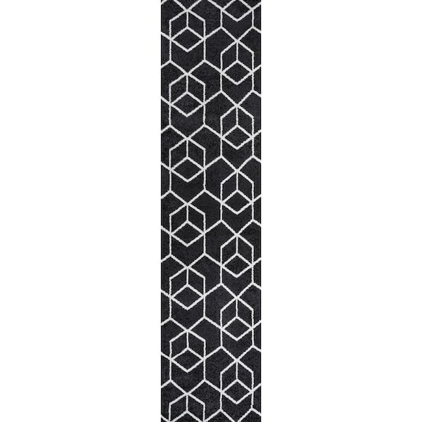 Tumbling Blocks Modern Geometric Black/White 2 ft. x 8 ft. Area Rug