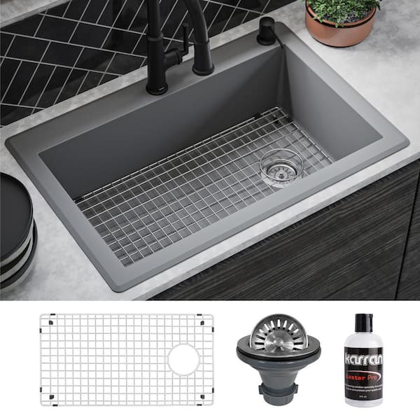 Karran QT-670 Quartz/Granite 33 in. Single Bowl Top Mount Drop-In Kitchen Sink in Grey with Bottom Grid and Strainer