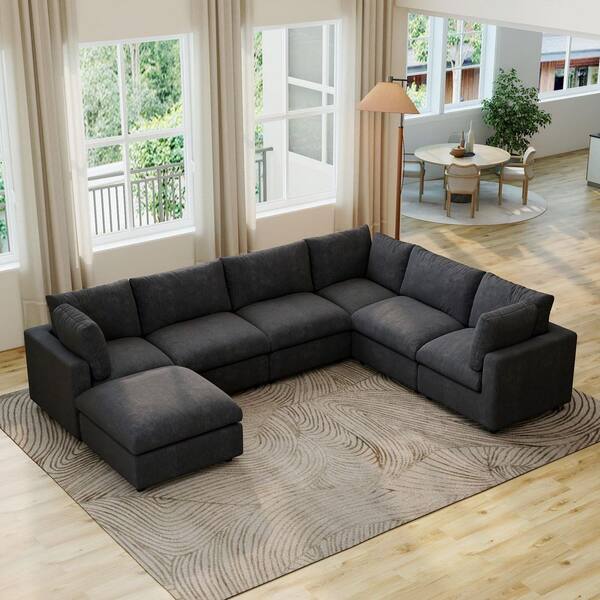 Magic Home Sofa Covers Washable, 134 in. Square Arm 7-piece Chenille Modular Sectional Sofa with Ottoman, Solid Wood Frame in Black