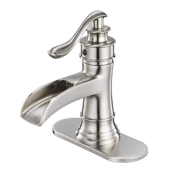 FLG Single Handle Single Hole Waterfall Bathroom Faucet Brass Sink Basin Taps with Deckplate Included in Brushed Nickel