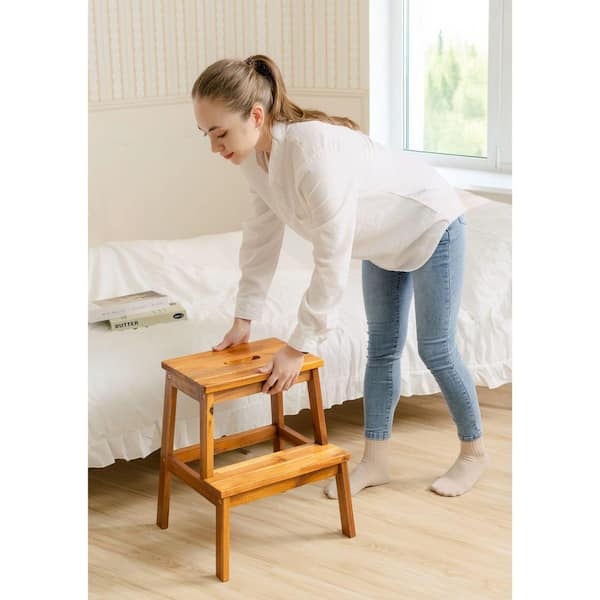 19.6 in. Light Brown Wood Outdoor Indoor Ottoman 2-Step Stool for Bathroom, Kitchen or Closet, 350 lbs. Capacity