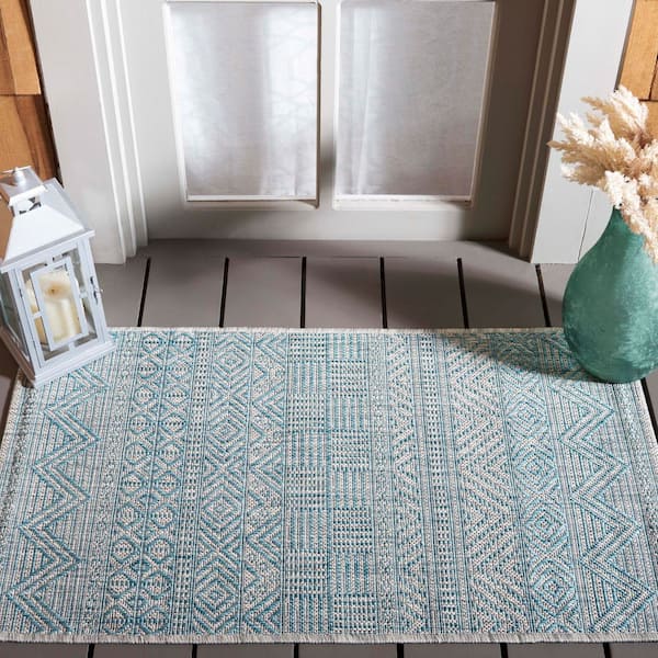 Courtyard Light Gray/Aqua 2 ft. x 4 ft. Striped Tribal Chevron Indoor/Outdoor Area Rug