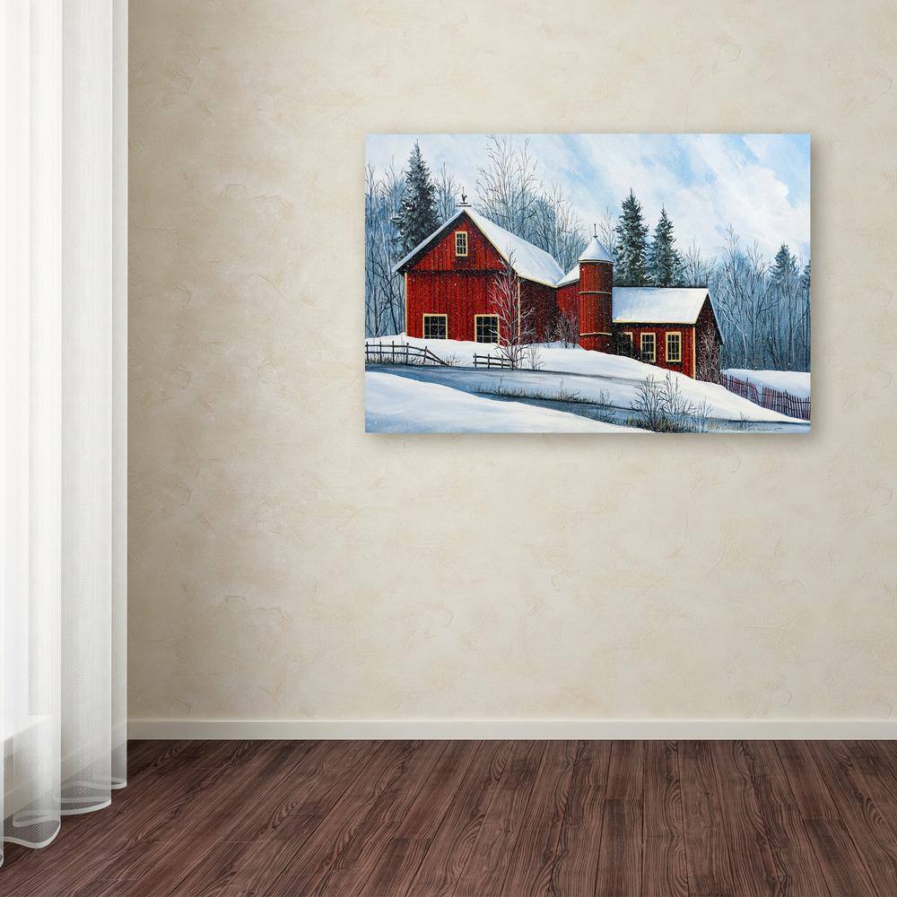 Red Barn Winter Landscape Canvas Art with Floater Frame