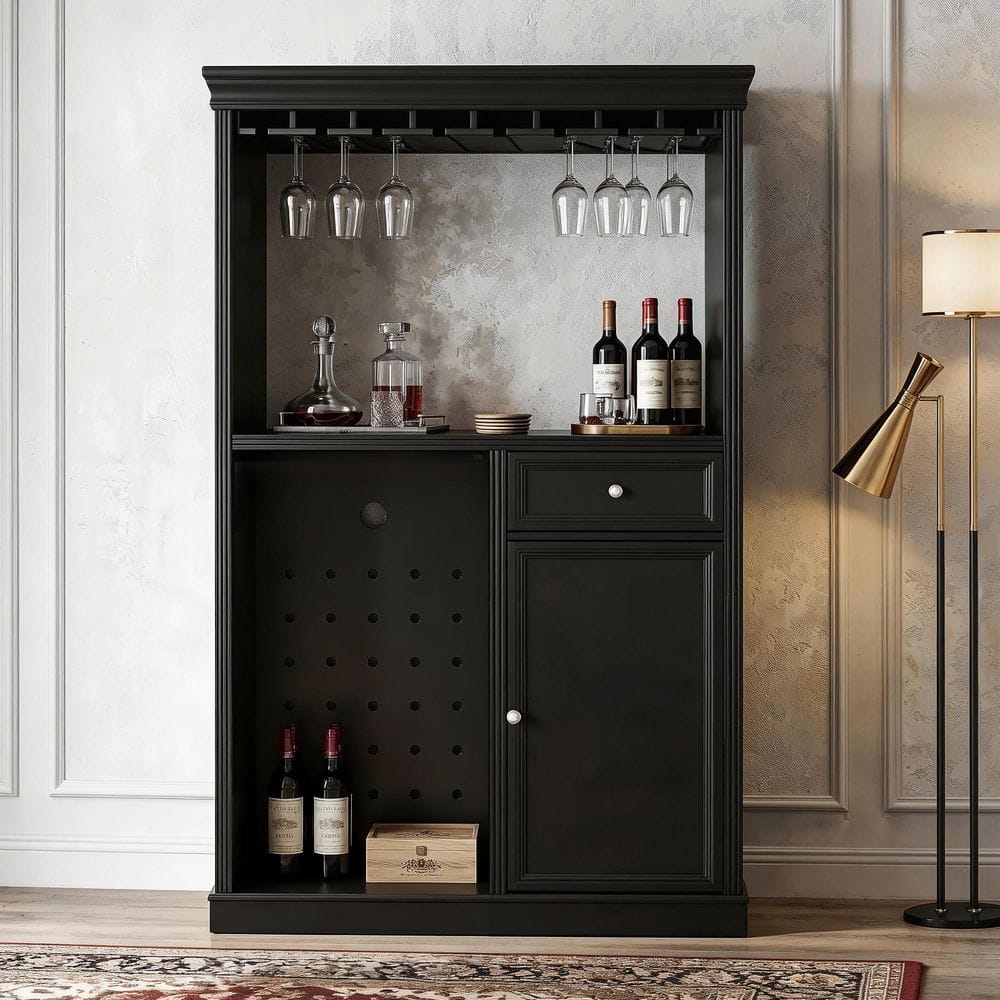Black 64.2 in. Accent Cabinet Office Storage Cabinet with Wine Glass Rack, Drawer, Storage Cabinet, Wine Fridge Space