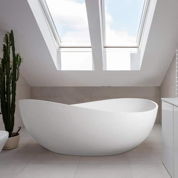 GIVING TREE WAVE 63 in. Composite Resin Irregular Curved Design Solid Flatbottom Freestanding Soaking Bathtub in White