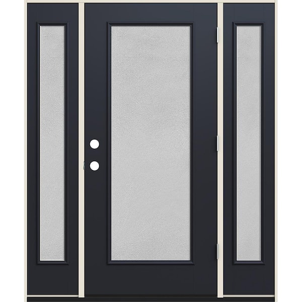 60 in. x 80 in. Left-Hand Full Lite Micro-Granite Frosted Glass Black Fiberglass Prehung Front Door with Sidelites