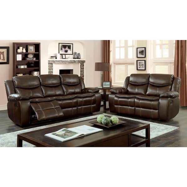Benjara Transitional Style Brown Double, Reclining Sofa With Drink Holder