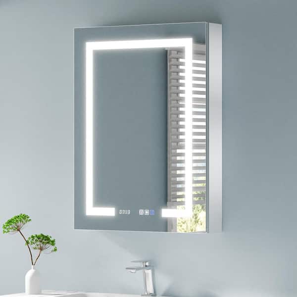 24 in. W x 32 in. H Rectangular Silver Aluminum Recessed/Surface Mount Left Medicine Cabinet with Mirror LED and Clock