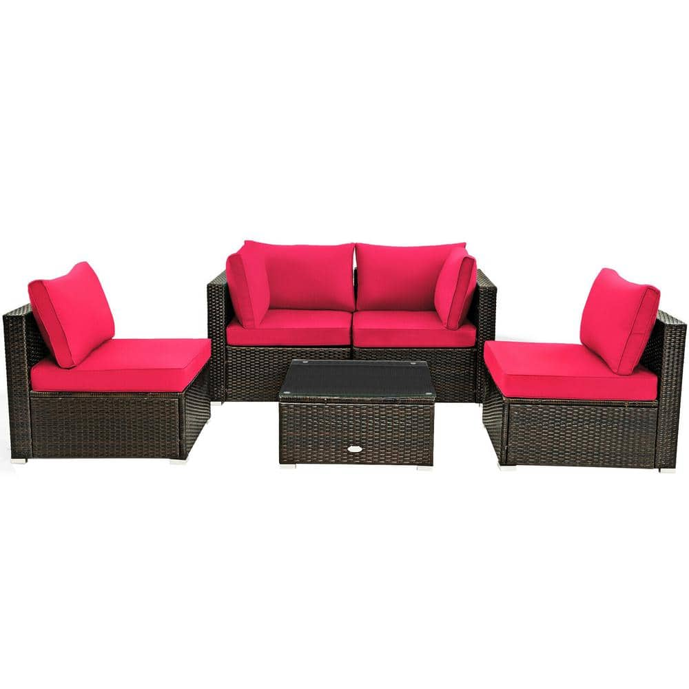 5-Piece Wicker Patio Conversation Set with Glass Table and Red Cushions -  ANGELES HOME, CK67-HW243RE+