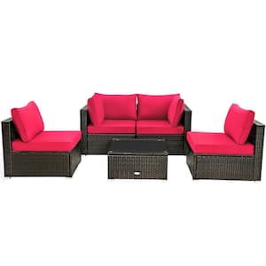 5-Piece Wicker Patio Conversation Set with Glass Table and Red Cushions