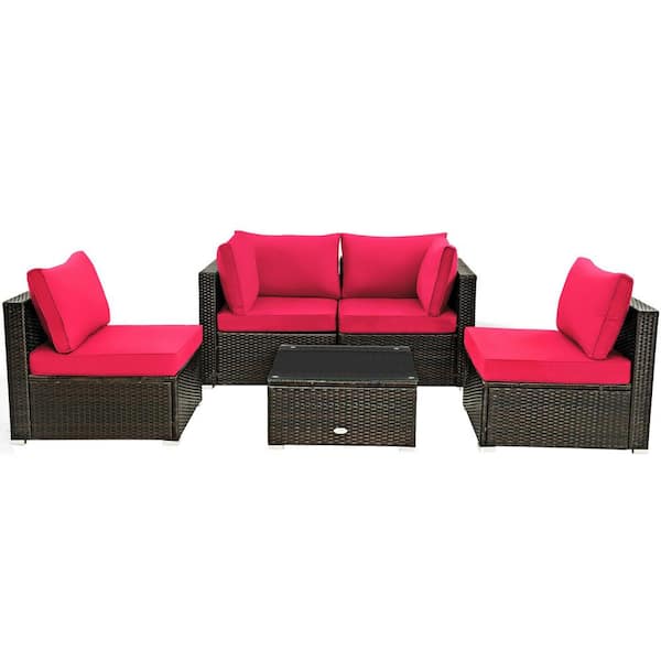 ANGELES HOME 5-Piece Wicker Patio Conversation Set with Glass Table and Red Cushions