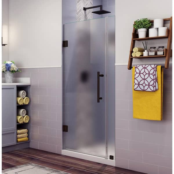 Aston Belmore 43.25 in. to 44.25 in. x 72 in. Frameless Hinged Shower Door with Frosted Glass in Bronze