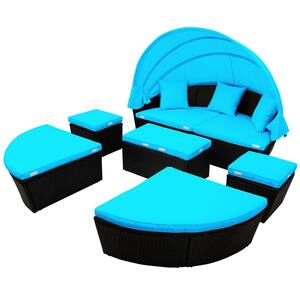 Black 6-Piece Rattan Round Outdoor Sunbed Sectional Sofa Set with Canopy and Blue Cushions
