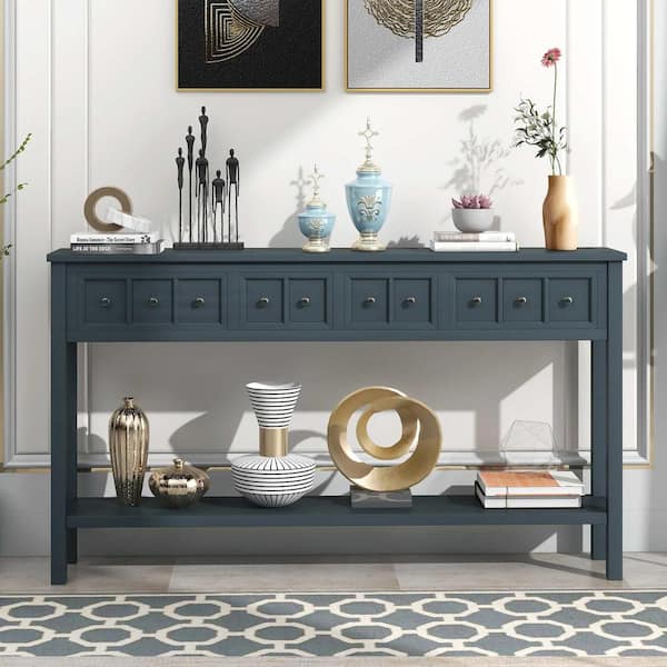 60 in. Navy Rectangle Wood Console Table with two Different Size Drawers and Bottom Shelf for Storage Navy
