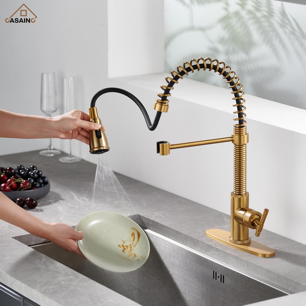 Brushed Gold Stainless Steel Pull Down Kitchen Faucet with Spray