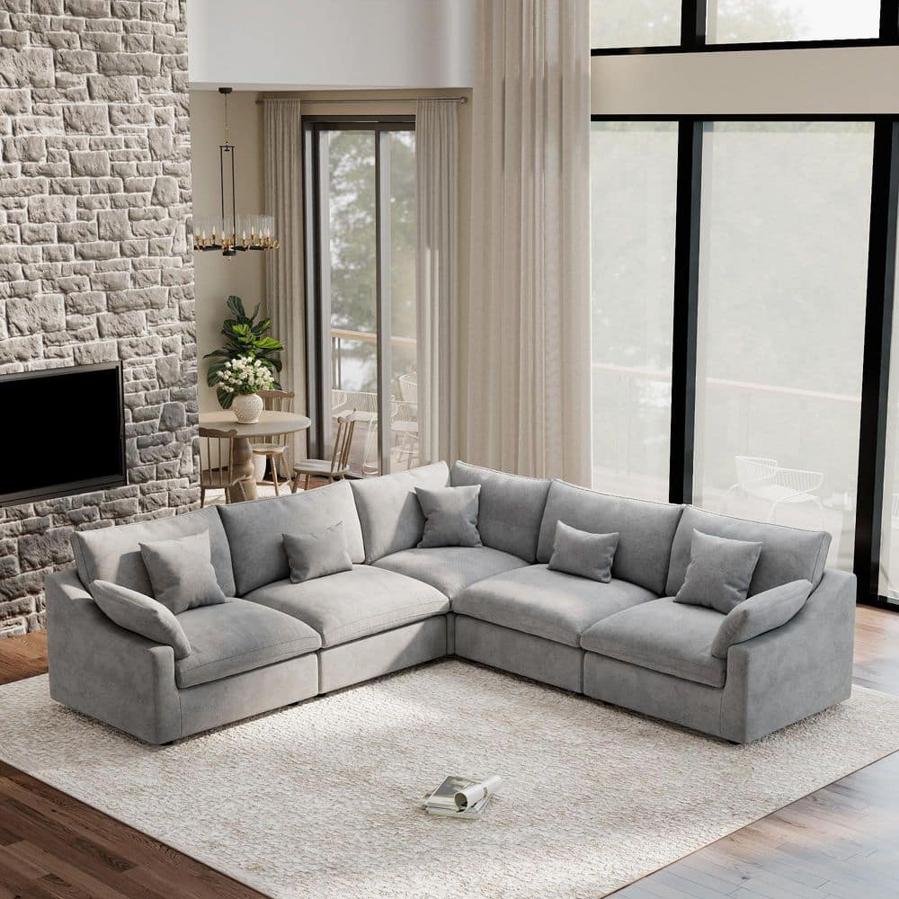 J&E Home 119.2 in. Slope Arm 5-piece Linen Deep Seat Feather