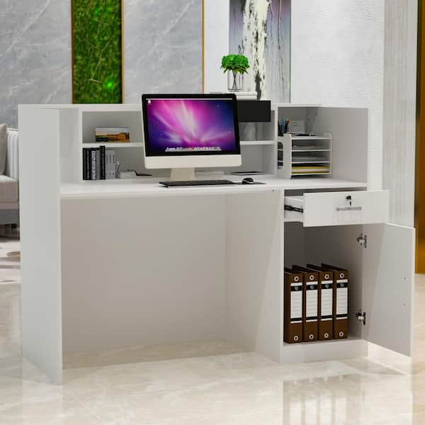 FUFU&GAGA 55.1 in. W x 43.3 in. H White MDF Computer Desk with a