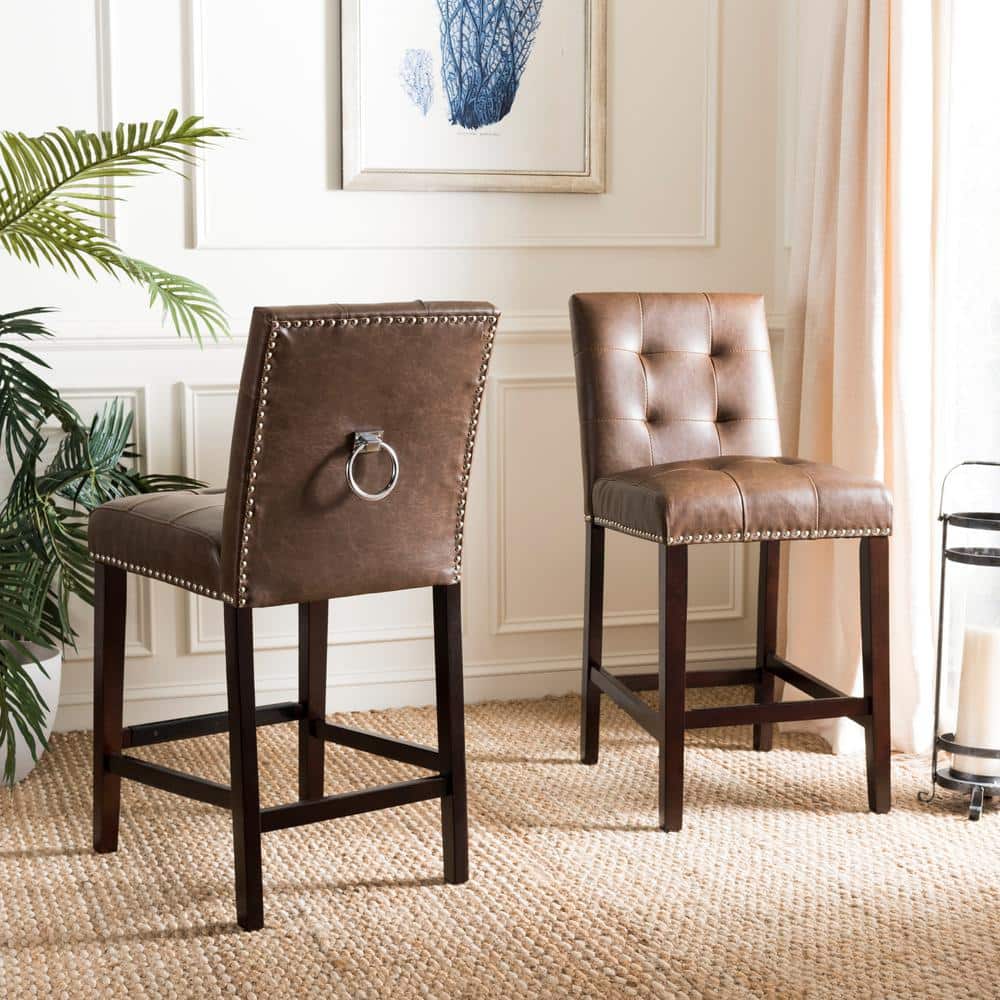 Nikita Brown Birch Wood Counter Stools with PU Leather, Set of 2