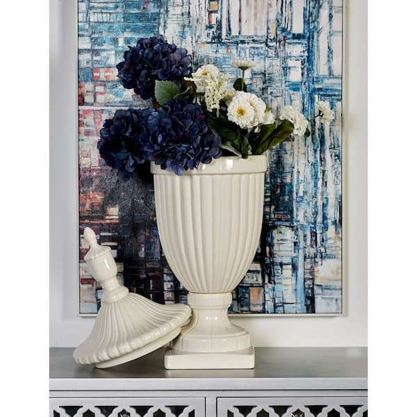 32 in. White Ceramic Tall Fluted Urn Decorative Jars with Lid