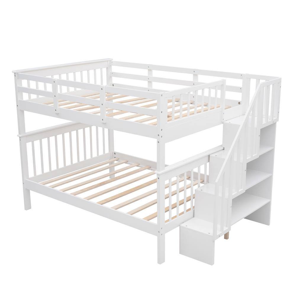 GOJANE White Stairway Full-Over-Full Bunk Bed with Storage and Guard ...