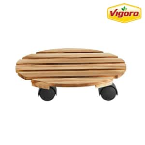 12 in. Round Wood Plant Stand Caddy with Wheels