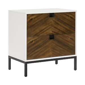 28 in. White, Brown, and Black 2-Drawers Wooden Nightstand