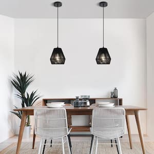 BOHO 7 in. 60-Watt 1-Light Black Pendant Light with Black Shade (Set of 2)