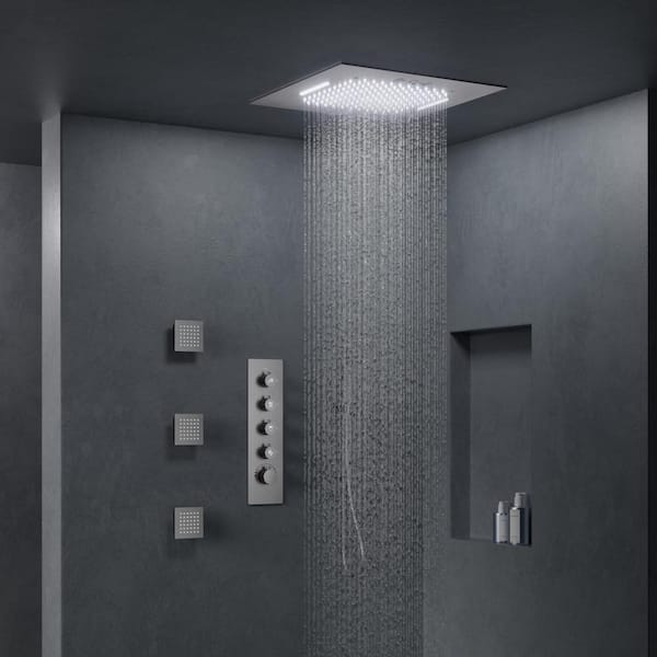 GRANDJOY AuroraCascade LED Shower System 15-Spray Ceiling Mount 20 in. Fixed 3 Jets Handheld 2.5 GPM in Brushed Nickel