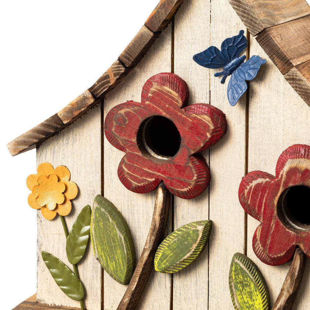 Distressed White Wooden Two-Story Garden Birdhouse with 3D Flowers