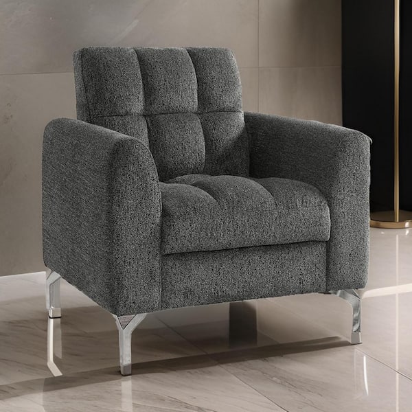 Benjara Dark Gray and Chrome Chenille Arm Chair with Biscuit Tufting and Chrome Legs