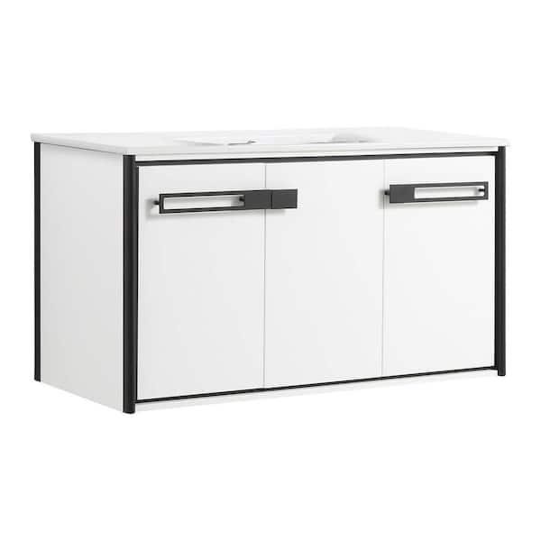 FINE FIXTURES Oakville 42 in. W x 18 in. D x 23.25 in. H Wall Mounted Bathroom Vanity in Matte White with White Ceramic Sink Top